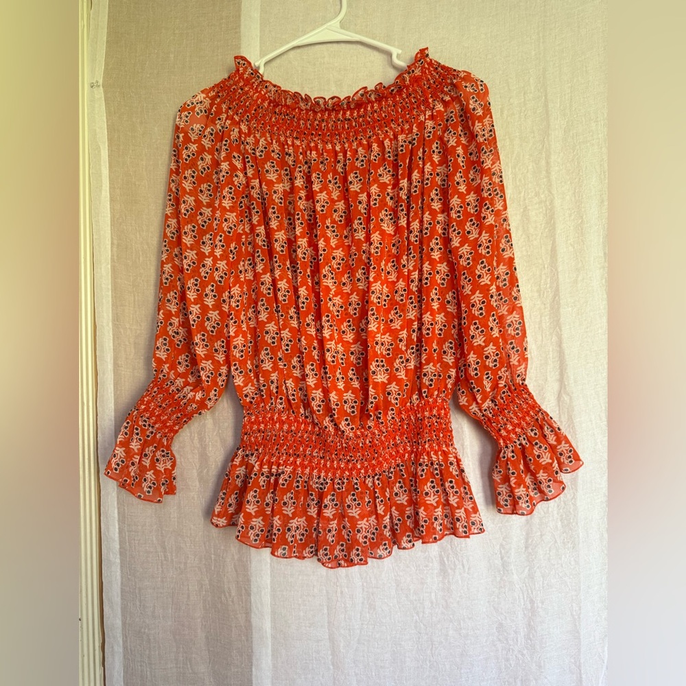 Tory Burch Red Floral Smocked Blouse
